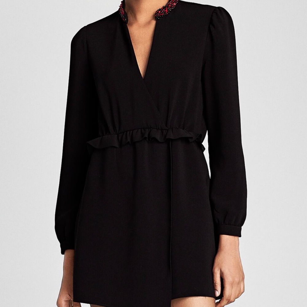 ZARA BLACK PLAYSUIT WITH RED BEADED COLLAR